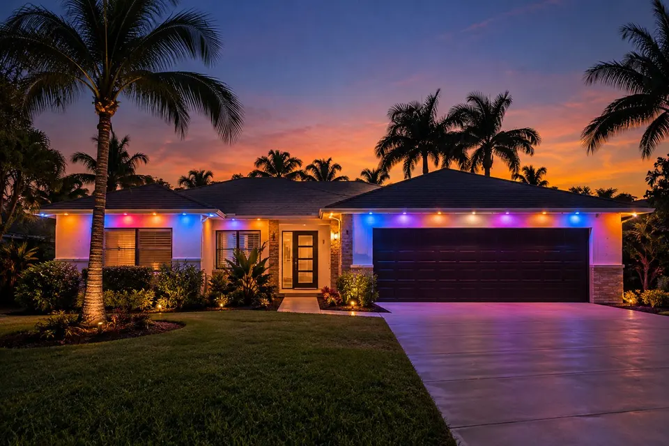 Multicolor scene on a single-story ranch (illustration)