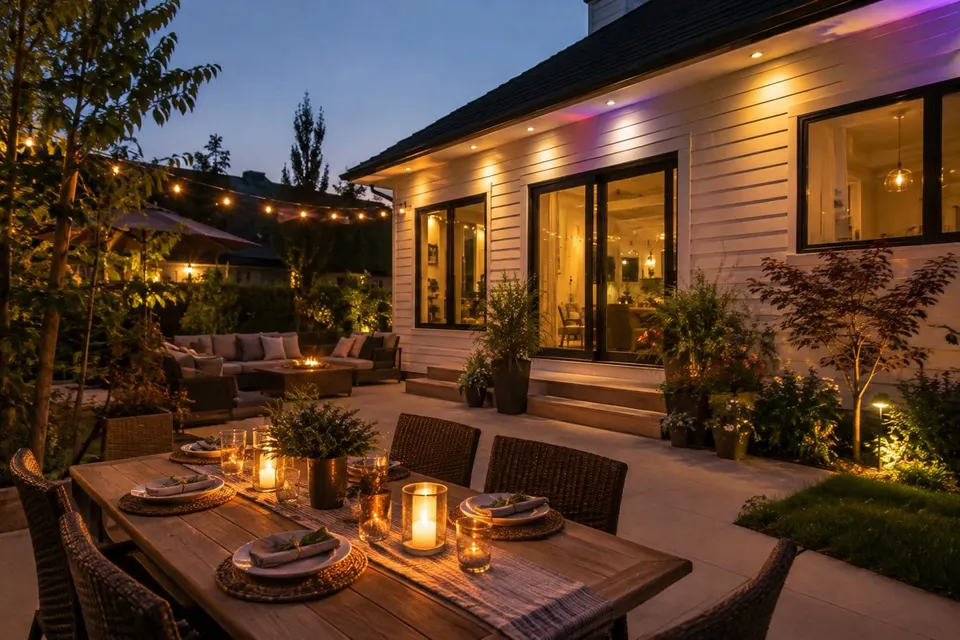 Soft eave lighting over the patio (illustration)
