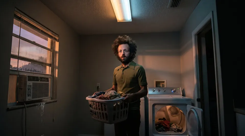 Fried Guy freezes with a laundry basket as the lights dim while the dryer and window AC run