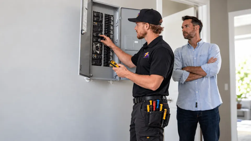 In Phaze Electric electrician troubleshooting a circuit inside an electrical panel in Orlando, Florida