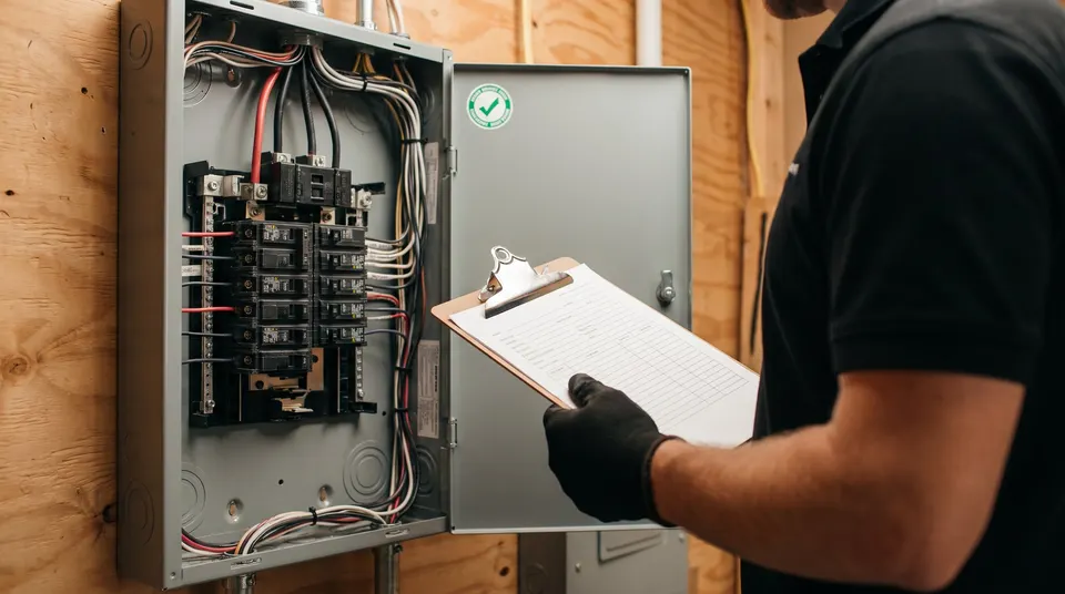 A clean, newly installed breaker panel with an inspection sticker beside an electrician holding a permit clipboard