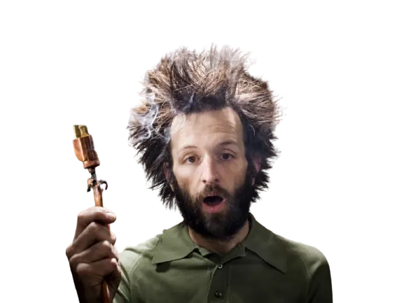 In Phaze Electric fried guy holding a scorched plug