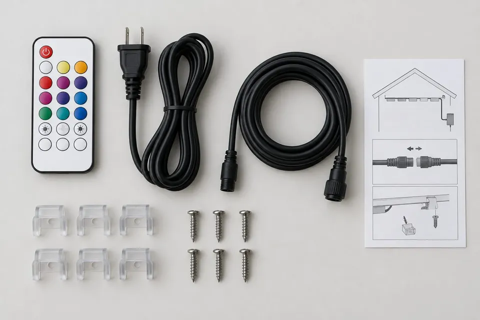 Remote, cables, clips and hardware (illustration)